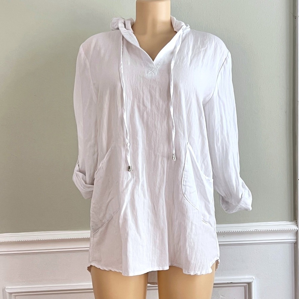 Blueā Island Hoodie Tunic Pockets Sz M White Roll Tab Sleeve Gauzy Beach Coverup